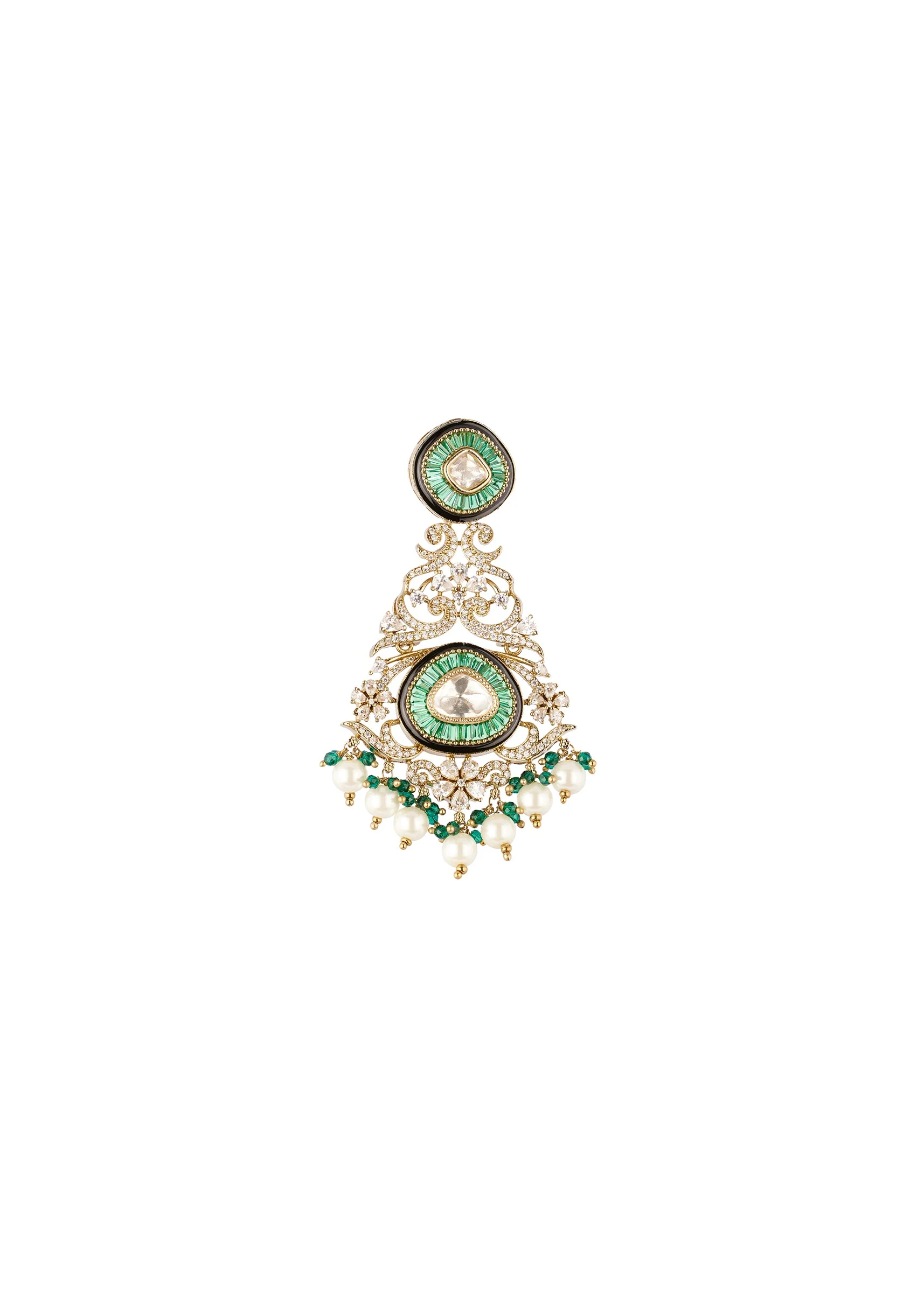 8511-gold-finish-chandelier-earrings-in-polki-with-simulated-pearls-and-green-beaded-accents-3.webp Gold Finish Chandelier Earrings In Polki With Simulated Pearls and Green Beaded Accents