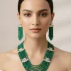 Multi Layer Green Beaded Necklace Set With Matching Long Earrings And Crystal Studded Separators