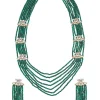 Multi Layer Green Beaded Necklace Set With Matching Long Earrings And Crystal Studded Separators
