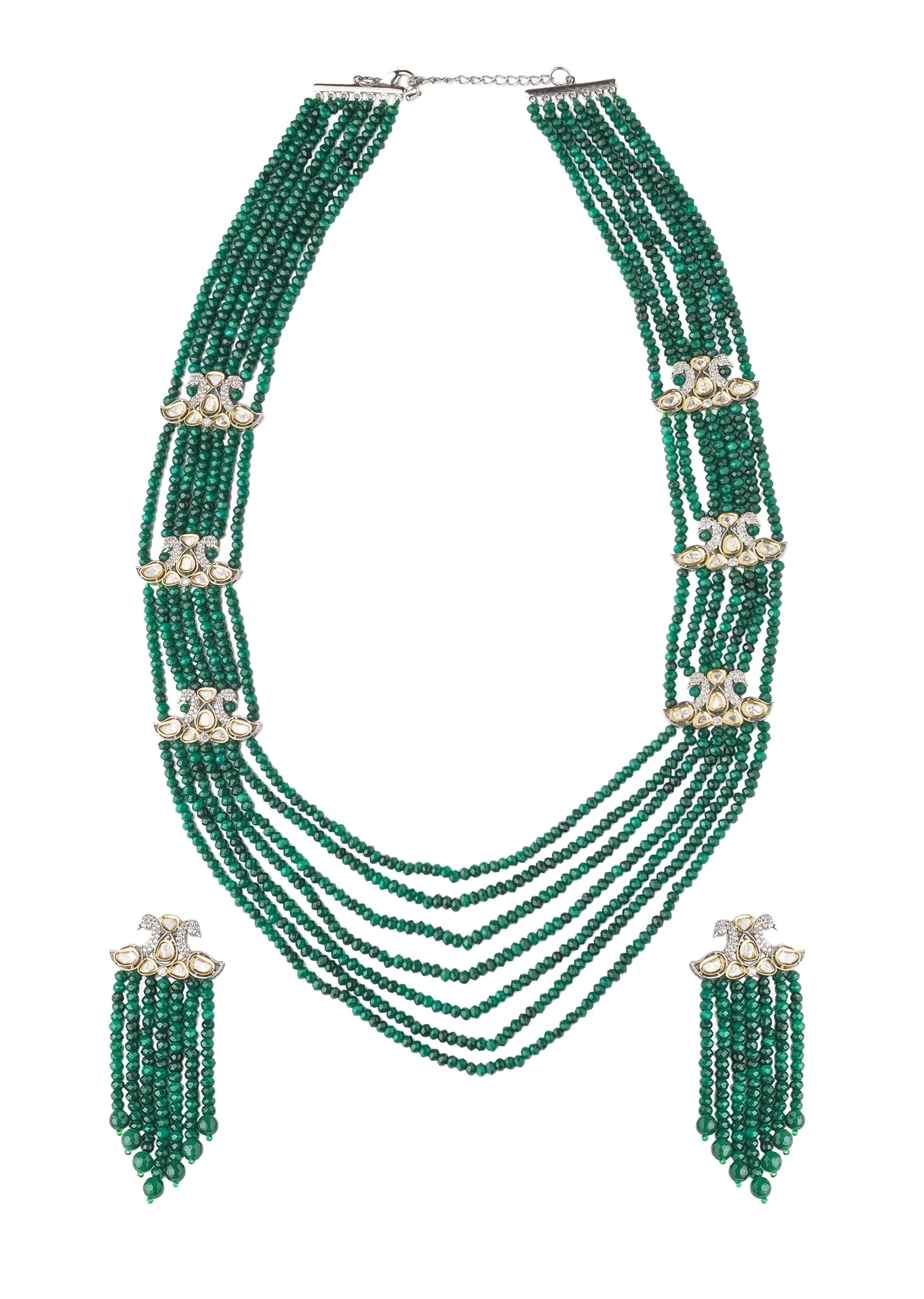 Multi Layer Green Beaded Necklace Set With Matching Long Earrings And Crystal Studded Separators