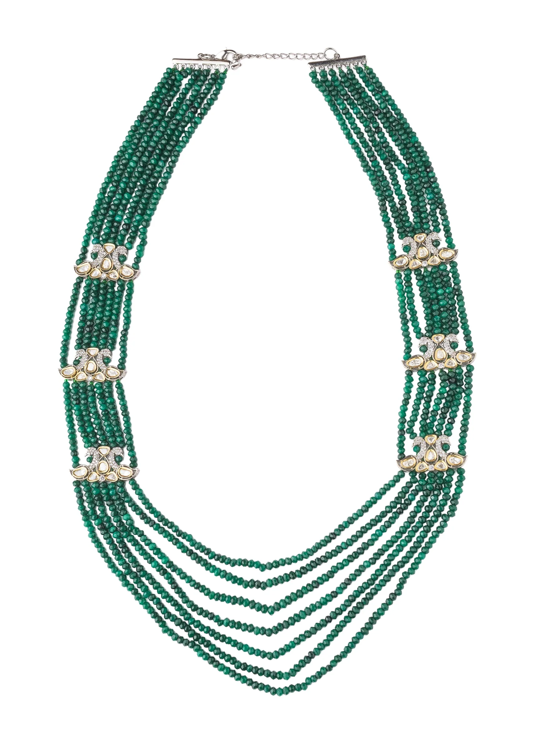 Multi Layer Green Beaded Necklace Set With Matching Long Earrings And Crystal Studded Separators