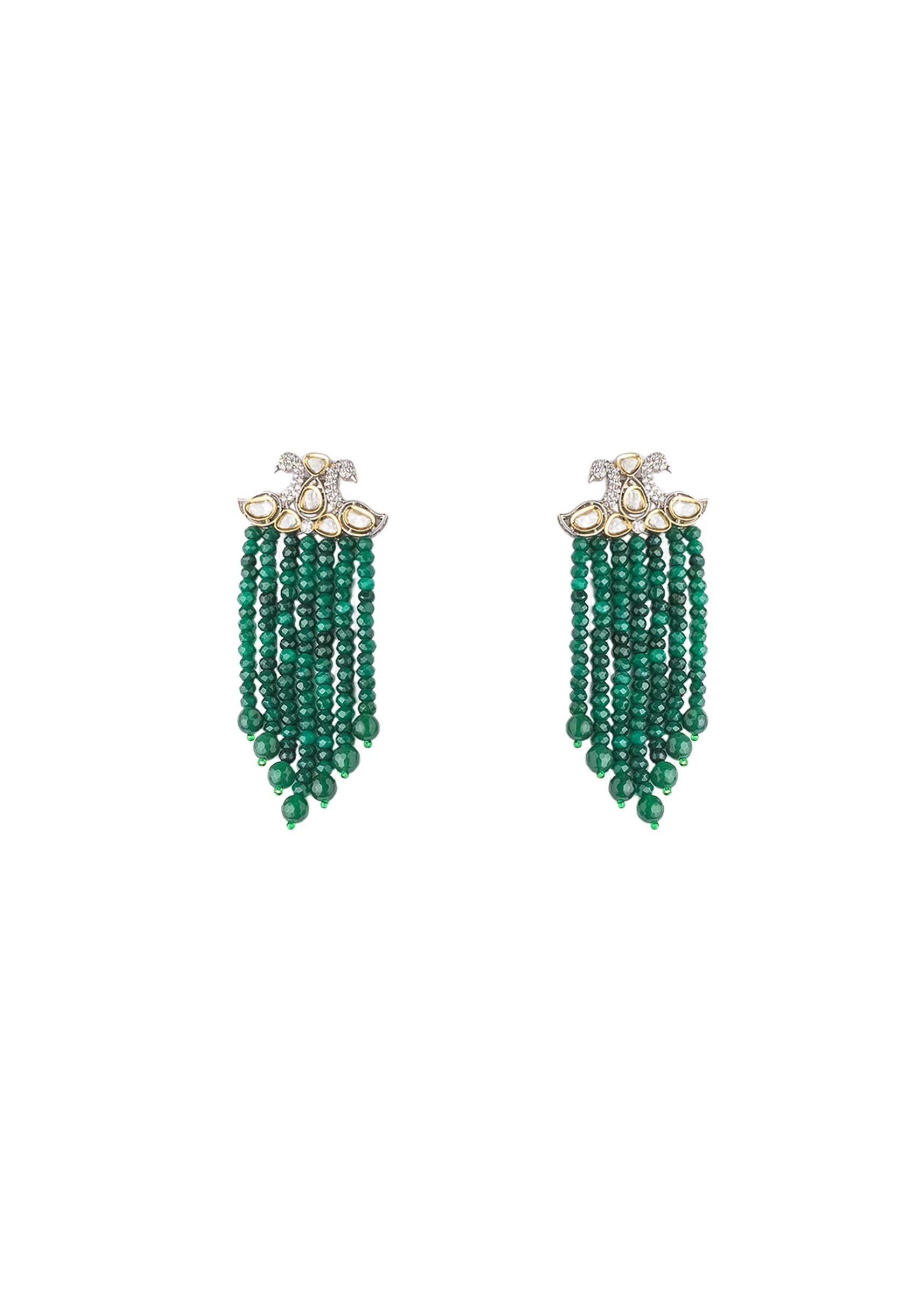 Multi Layer Green Beaded Necklace Set With Matching Long Earrings And Crystal Studded Separators