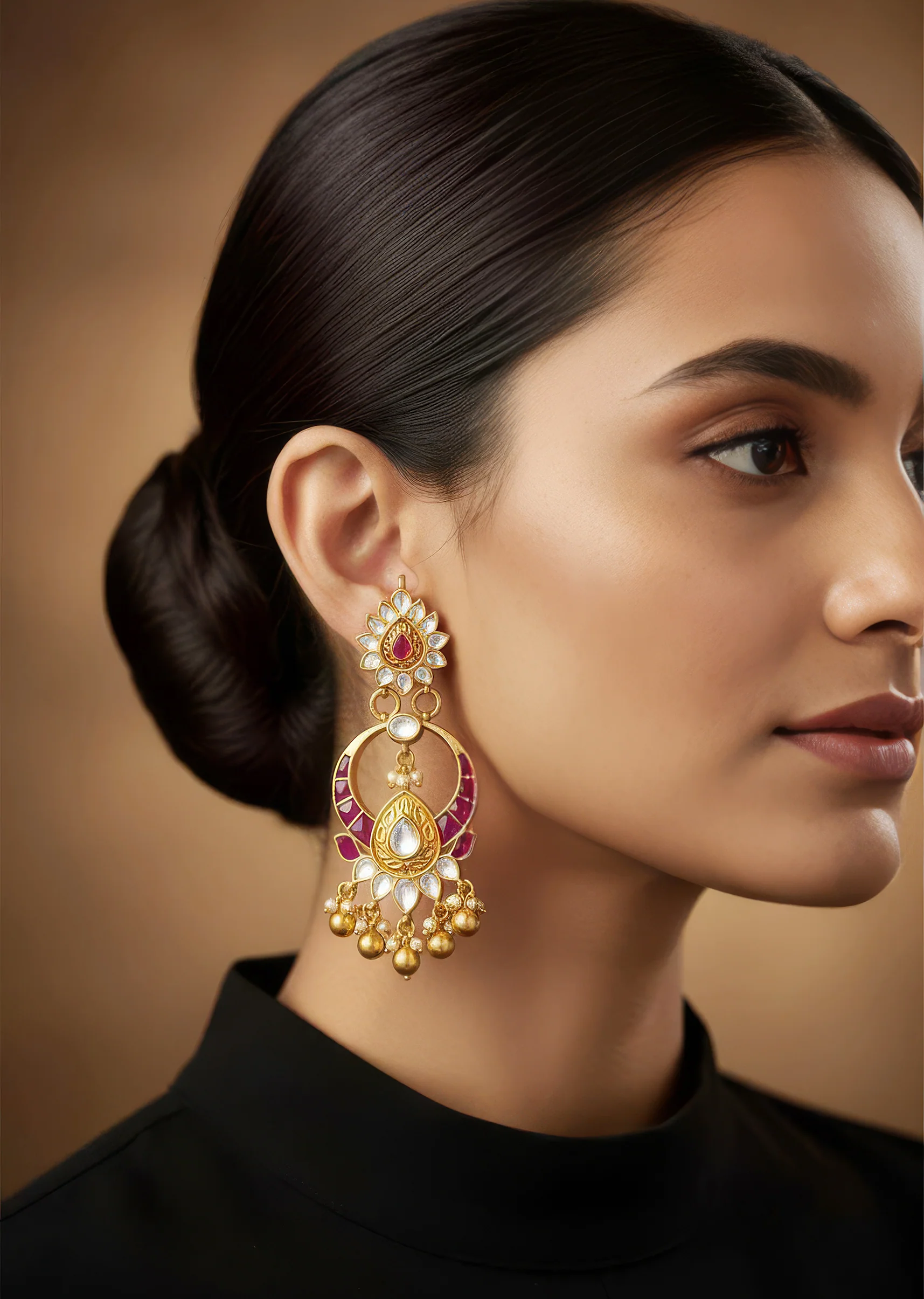 8513-gold-finish-earrings-in-chandbali-style-with-kundan-and-pink-stone-and-pearl-detailing-1.webp Gold Finish Earrings In Chandbali Style With Kundan And Pink Stone And Pearl Detailing