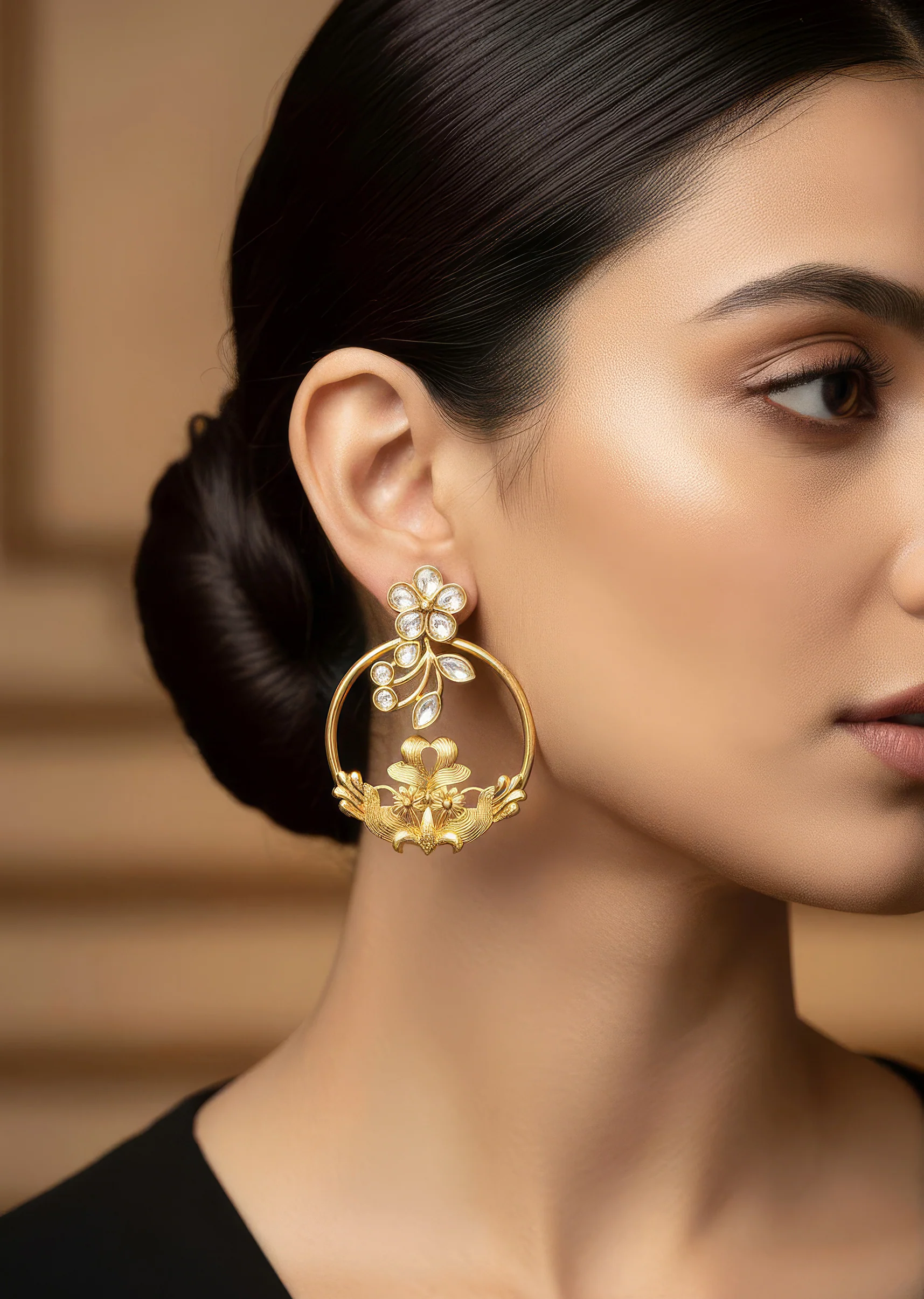 8514-gold-finish-statement-earrings-with-floral-vine-motif-in-white-kundan-and-ornate-filigree-work-1.webp Gold Finish Statement Earrings With Floral Vine Motif In White Kundan And Ornate Filigree Work