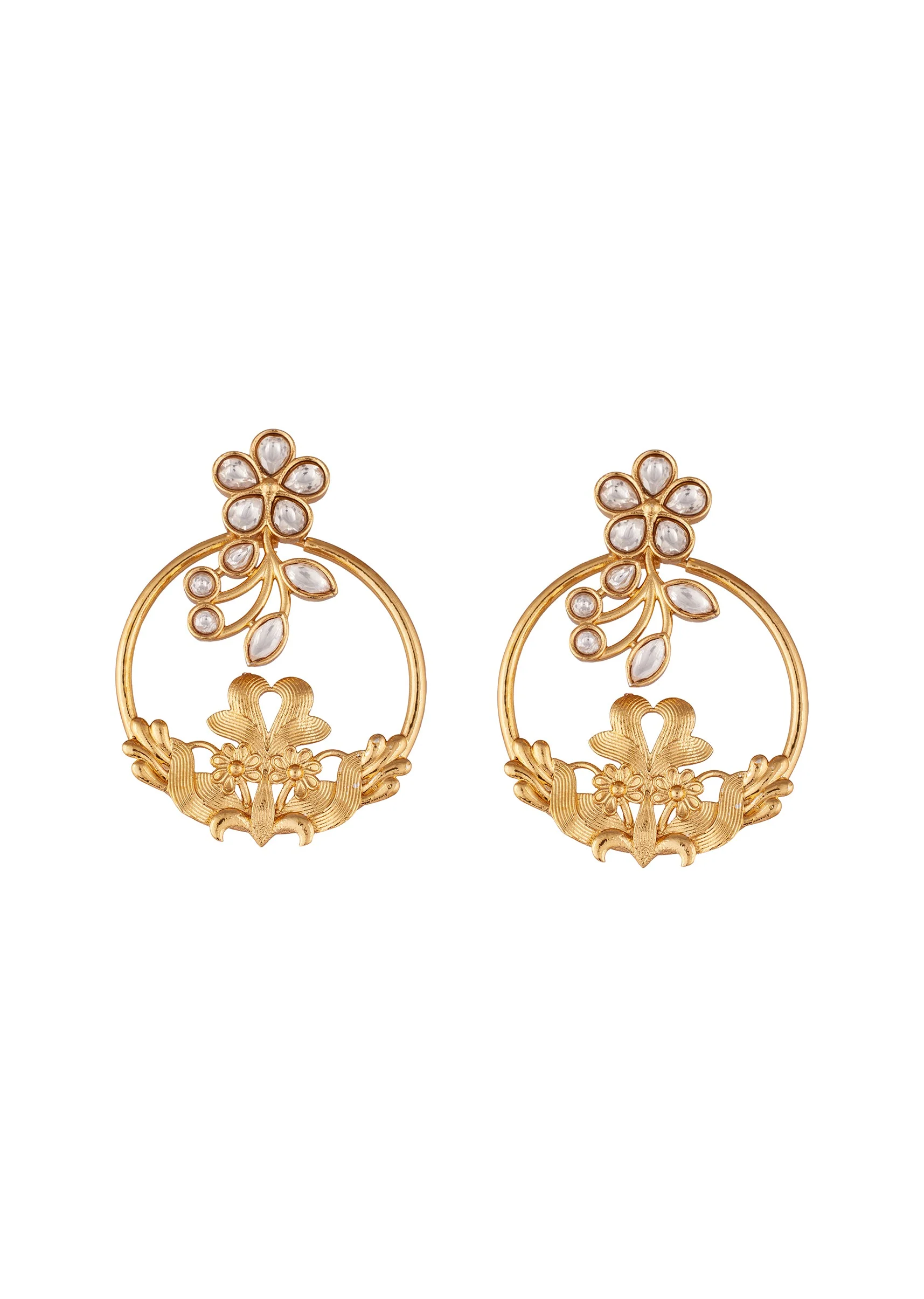 8514-gold-finish-statement-earrings-with-floral-vine-motif-in-white-kundan-and-ornate-filigree-work-2.webp Gold Finish Statement Earrings With Floral Vine Motif In White Kundan And Ornate Filigree Work