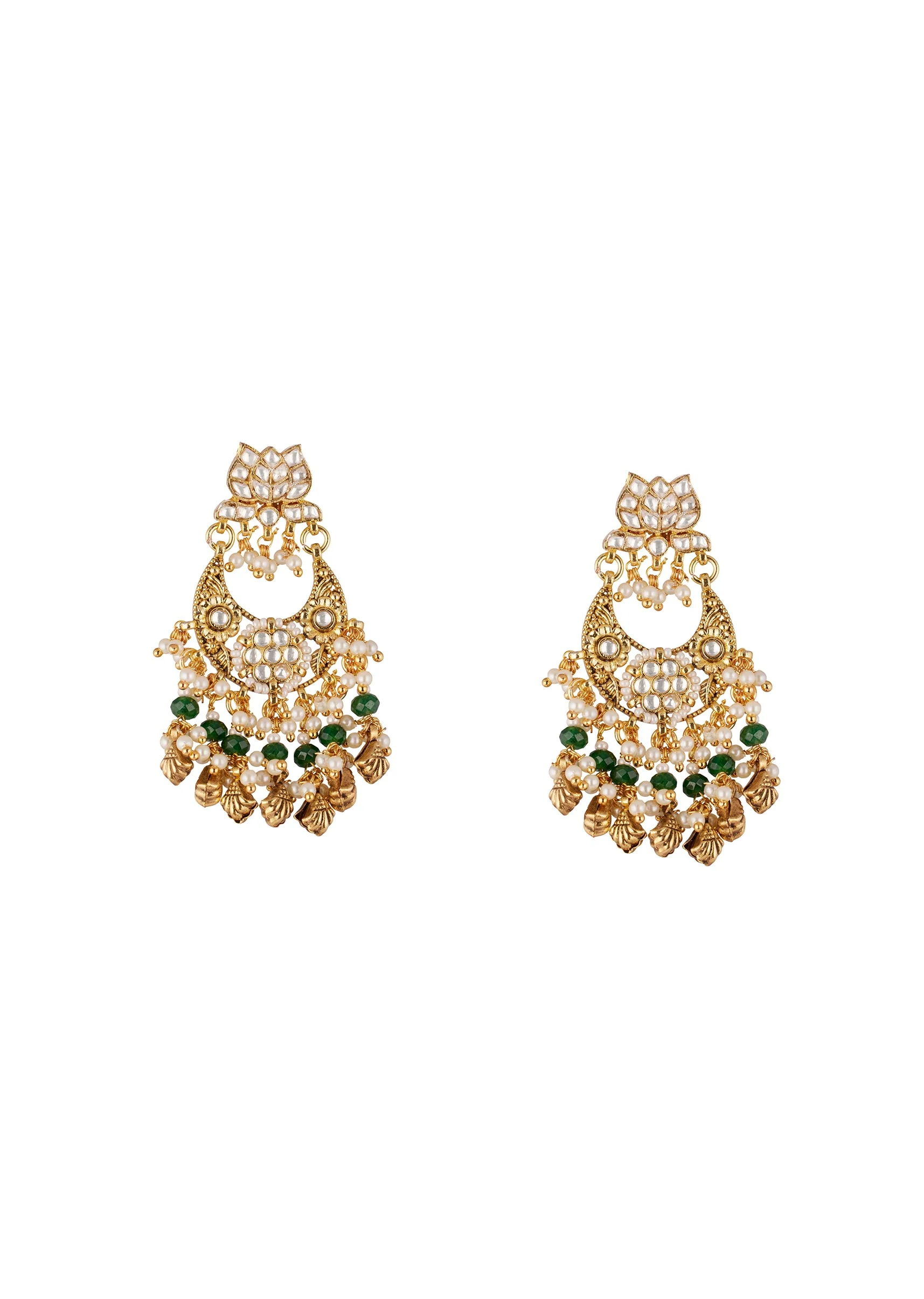 8516-gold-finish-earrings-in-chandelier-style-with-kundan-and-green-stone-and-pearl-detailing-2.webp Gold Finish Earrings In Chandelier Style With Kundan And Green Stone And Pearl Detailing