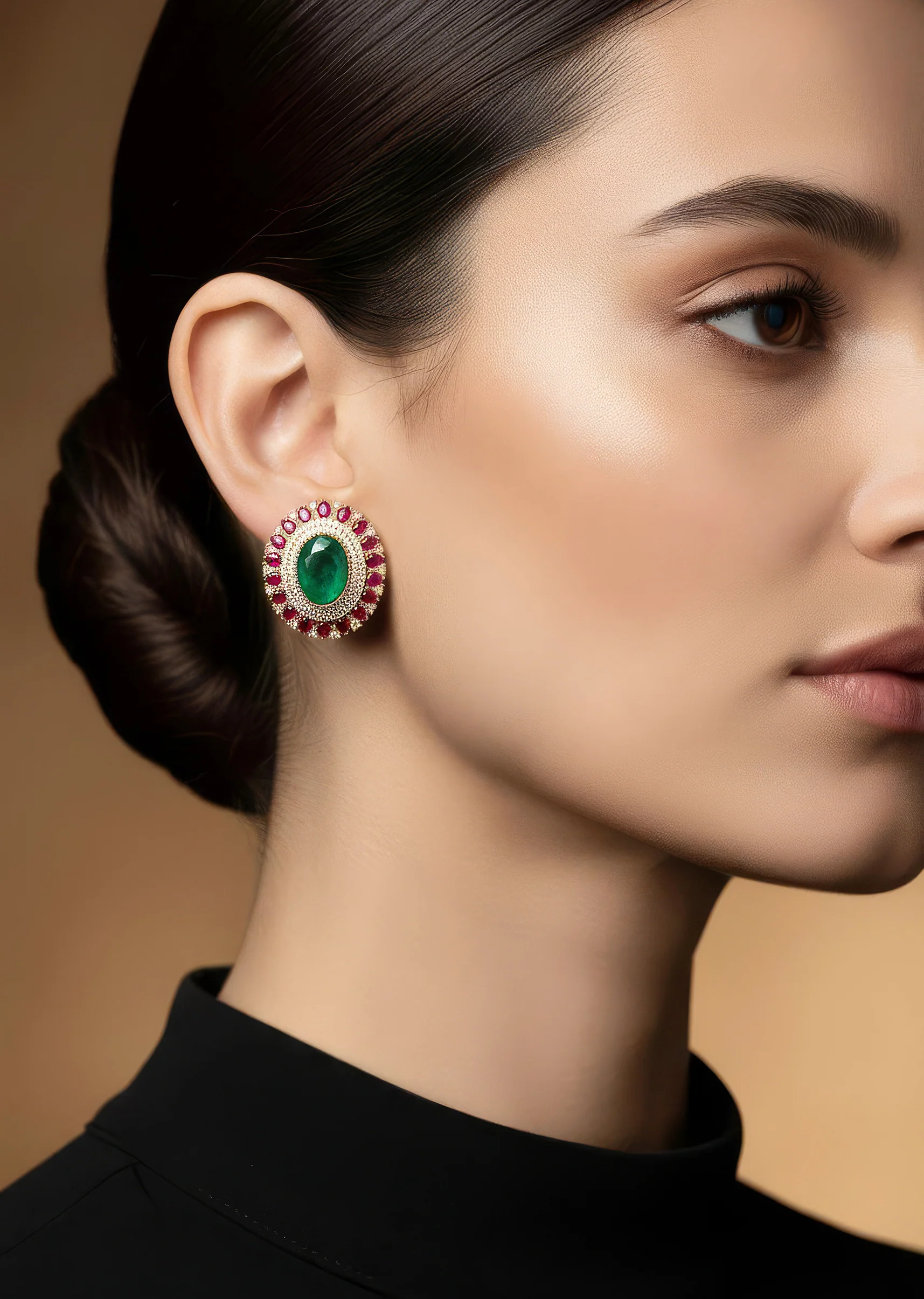 8519-gold-toned-earrings-in-statement-style-with-emerald-and-cubic-zirconia-and-pink-stone-detailing-1.webp Gold Toned Earrings In Statement Style With Emerald And Cubic Zirconia And Pink Stone Detailing