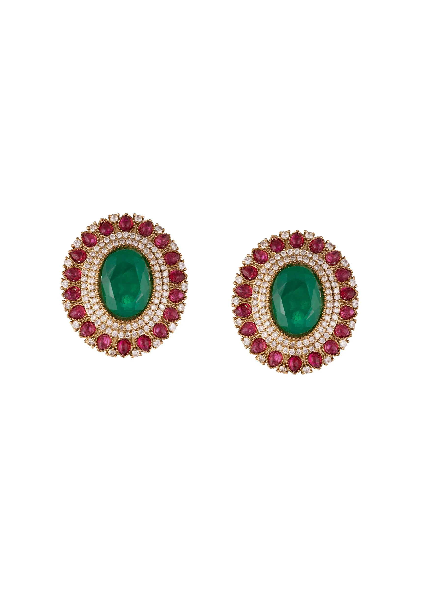 8519-gold-toned-earrings-in-statement-style-with-emerald-and-cubic-zirconia-and-pink-stone-detailing-2.webp Gold Toned Earrings In Statement Style With Emerald And Cubic Zirconia And Pink Stone Detailing