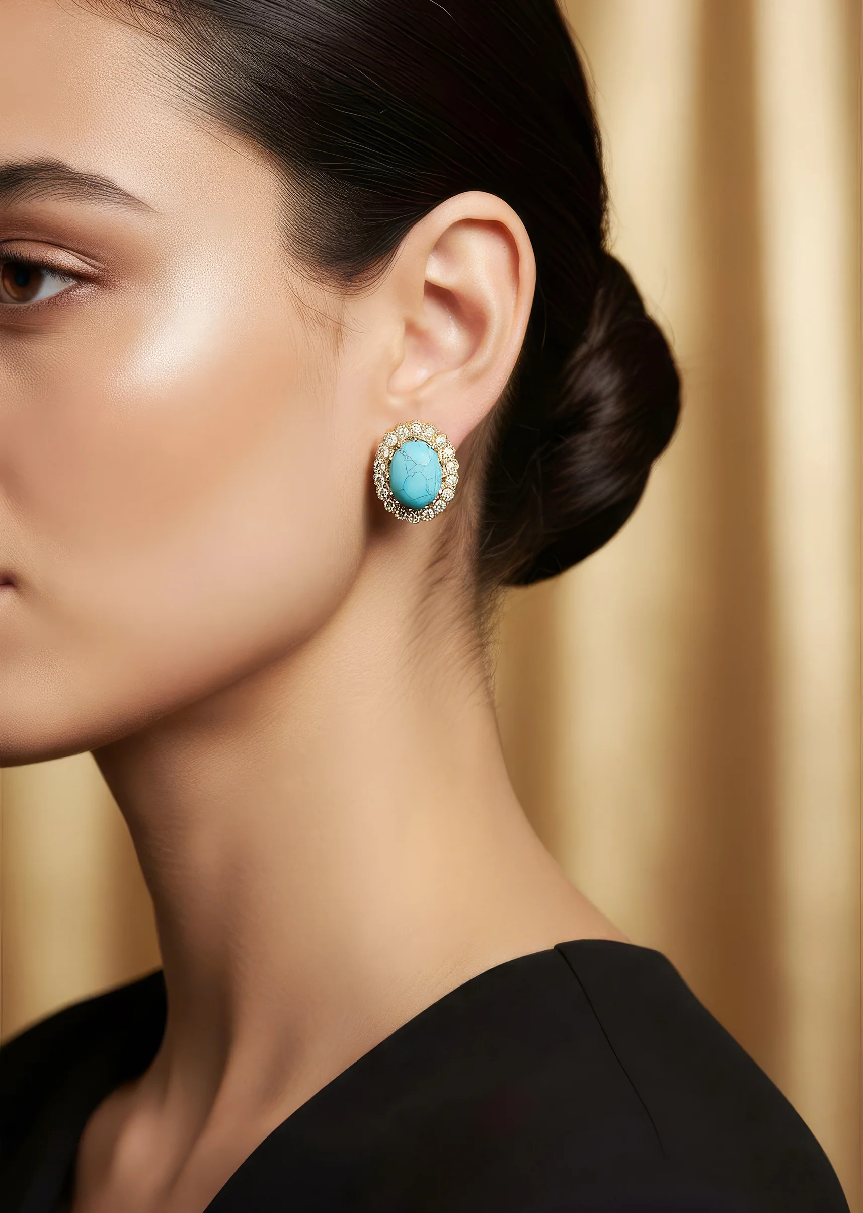 8520-gold-finish-oval-stud-earrings-with-dome-cut-turquoise-stone-and-scalloped-white-cz-halo-1.webp Gold Finish Oval Stud Earrings With Dome Cut Turquoise Stone And Scalloped White CZ Halo