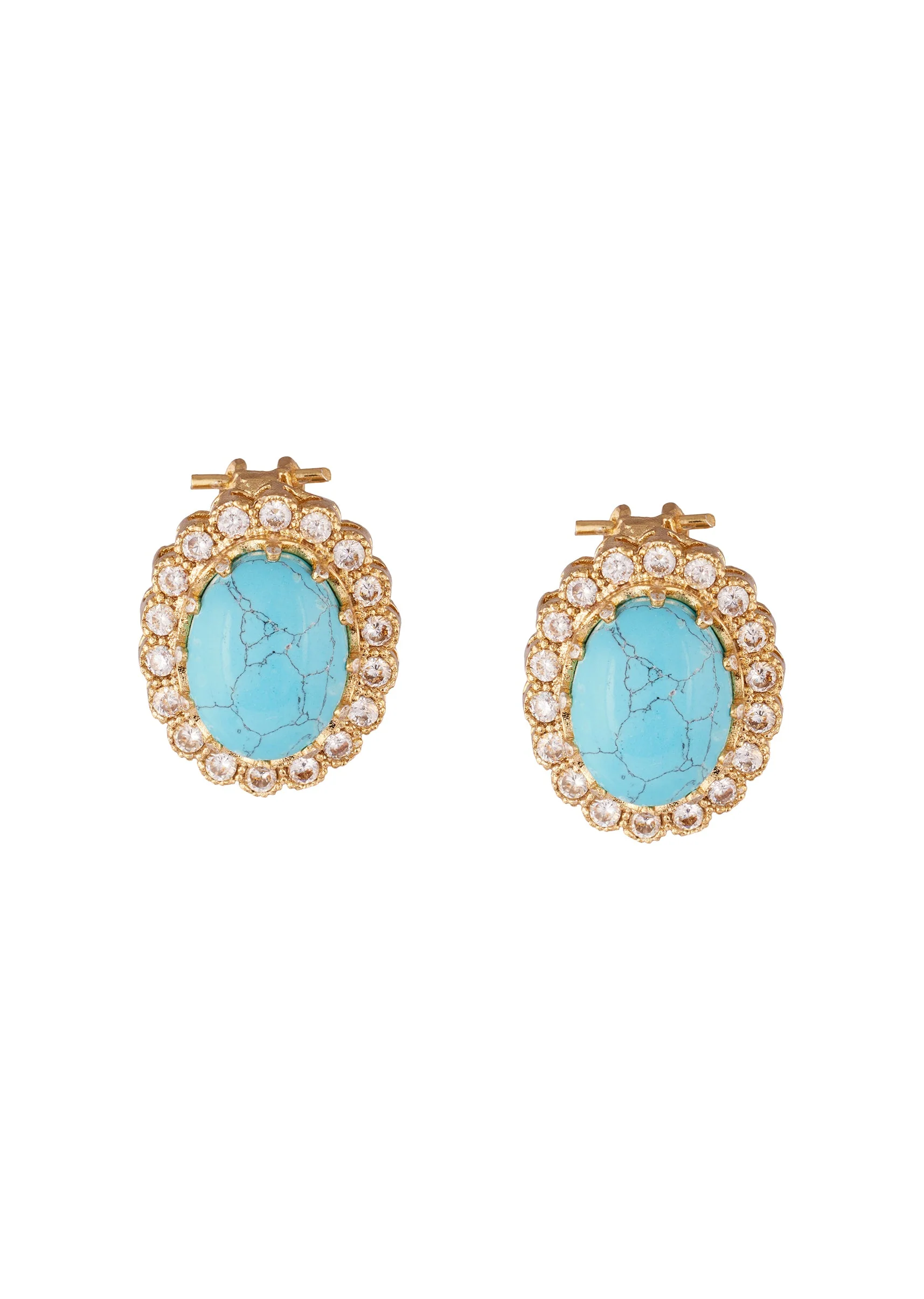 8520-gold-finish-oval-stud-earrings-with-dome-cut-turquoise-stone-and-scalloped-white-cz-halo-2.webp Gold Finish Oval Stud Earrings With Dome Cut Turquoise Stone And Scalloped White CZ Halo