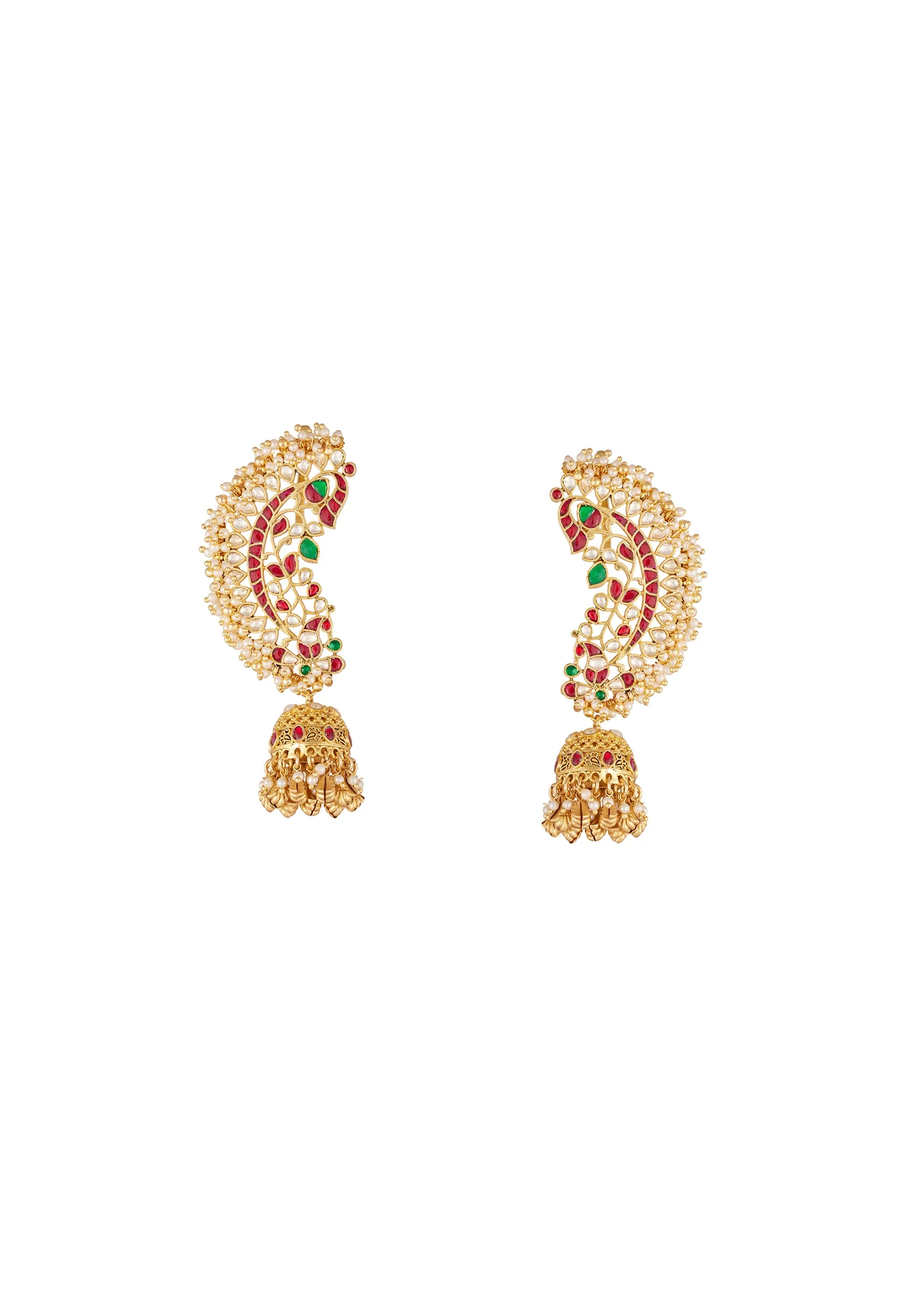 8521-gold-finish-kaanphool-earrings-with-peacock-motif-kundan-detailing-and-moti-embellished-jhumka-drop-1.webp Gold Finish Kaanphool Earrings With Peacock Motif Kundan Detailing And Moti Embellished Jhumka Drop