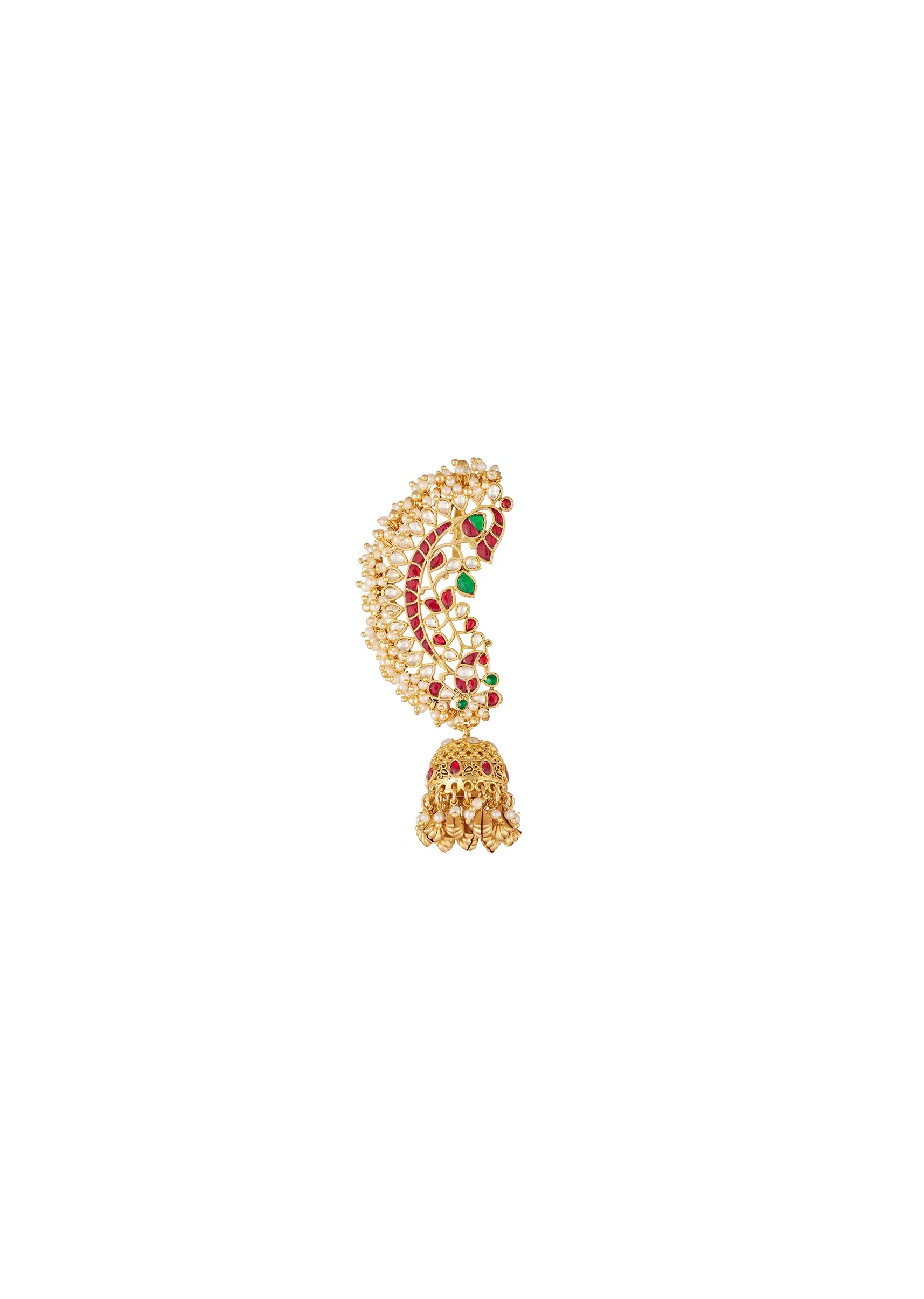 8521-gold-finish-kaanphool-earrings-with-peacock-motif-kundan-detailing-and-moti-embellished-jhumka-drop-2.webp Gold Finish Kaanphool Earrings With Peacock Motif Kundan Detailing And Moti Embellished Jhumka Drop