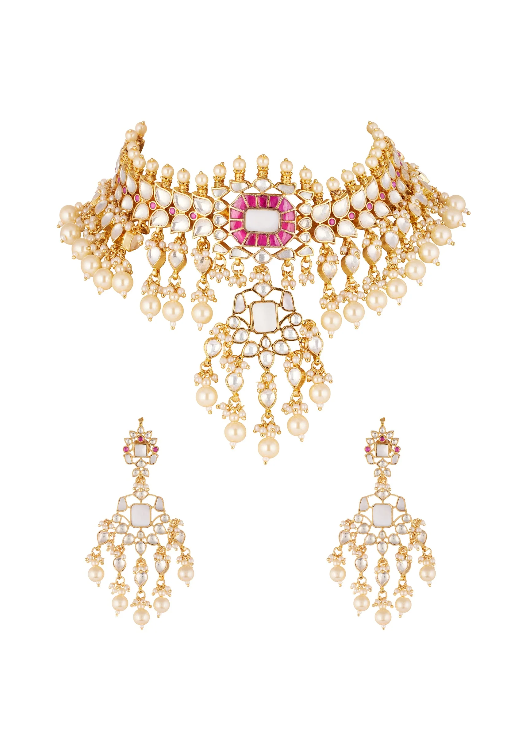 8526-gold-finish-kundan-choker-necklace-set-with-pink-white-stones-and-heavy-pearl-danglers-1.webp Gold Finish Kundan Choker Necklace Set With Pink White Stones And Heavy Pearl Danglers