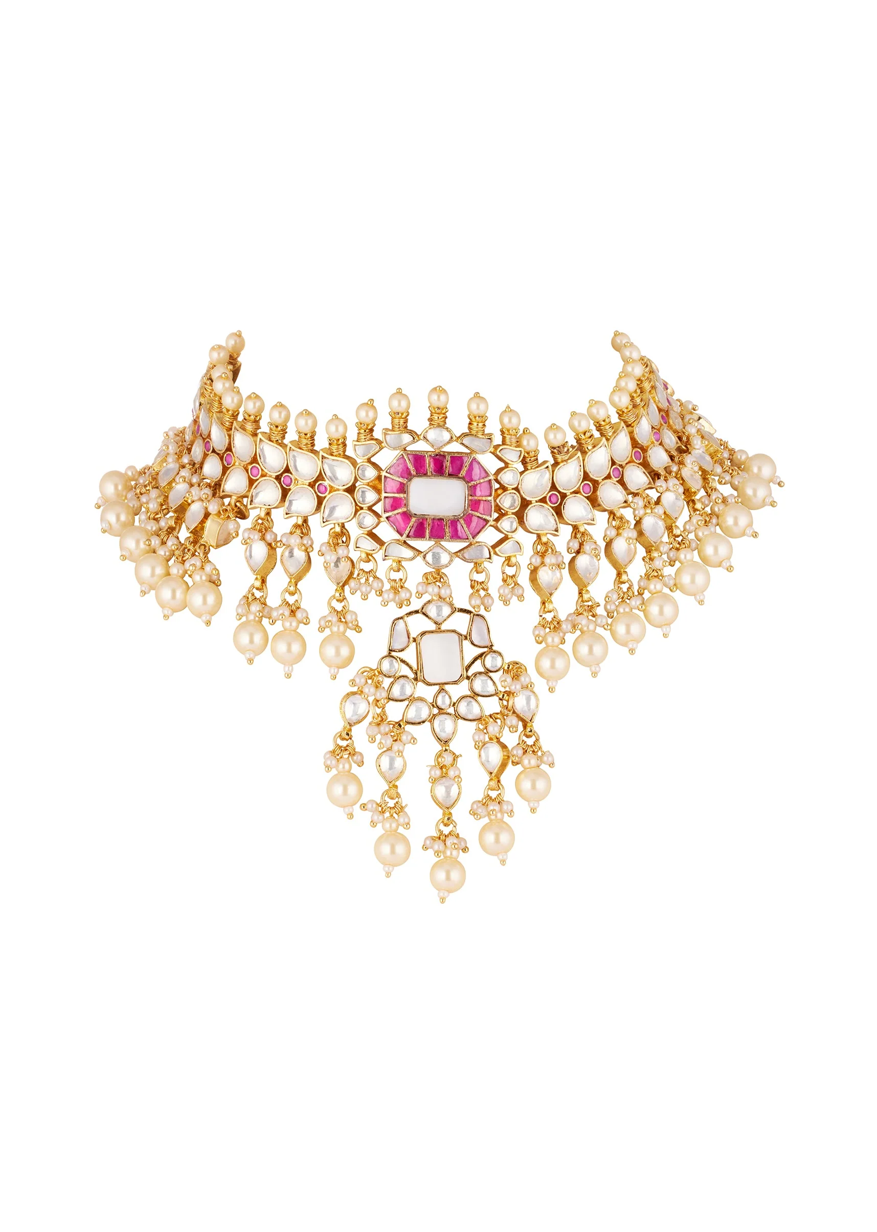 8526-gold-finish-kundan-choker-necklace-set-with-pink-white-stones-and-heavy-pearl-danglers-2.webp Gold Finish Kundan Choker Necklace Set With Pink White Stones And Heavy Pearl Danglers