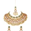 Gold Finish Choker Necklace Set With Kundan Enamel Floral Motifs And Green Red Accents
