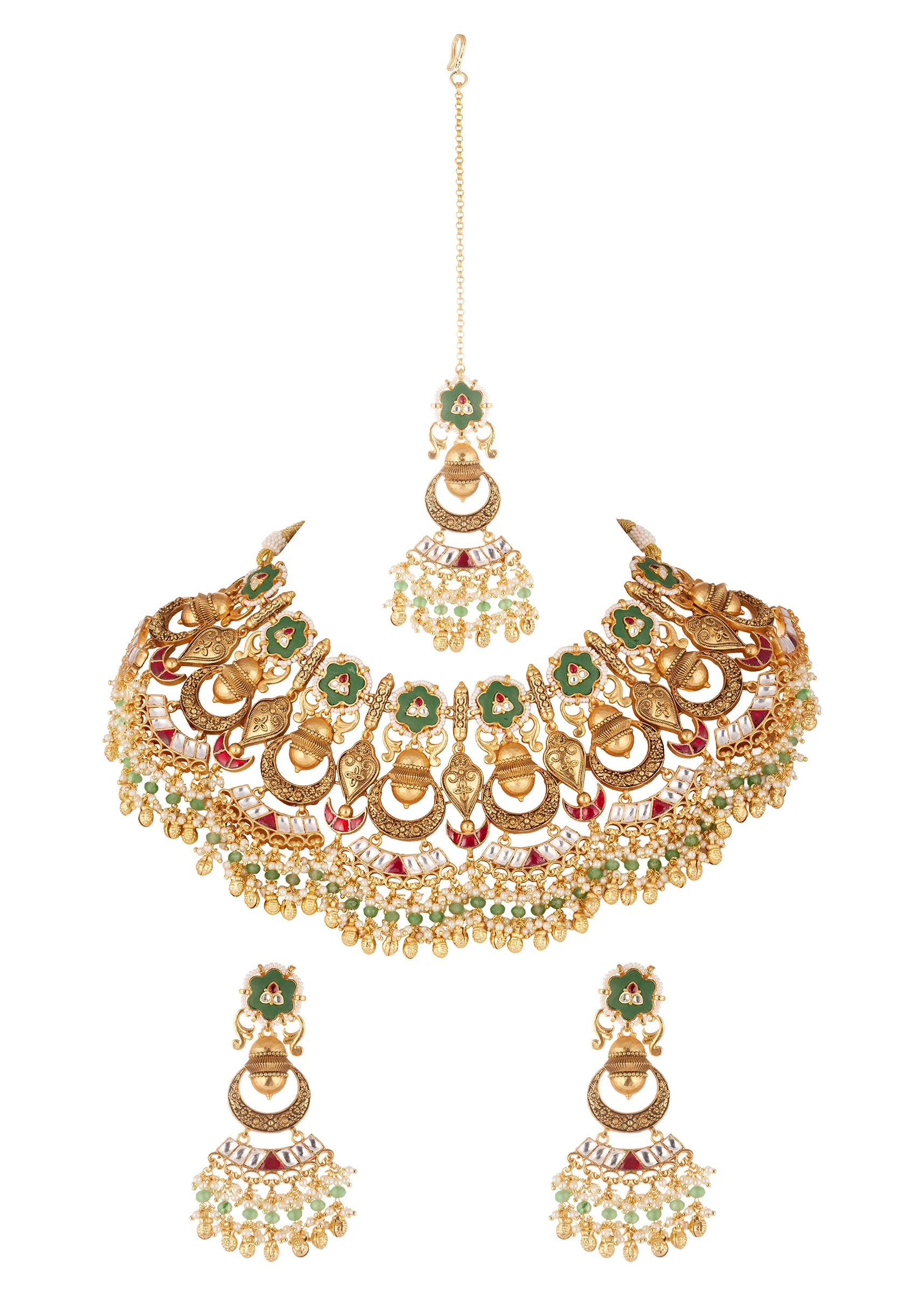 Gold Finish Choker Necklace Set With Kundan Enamel Floral Motifs And Green Red Accents