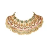Gold Finish Choker Necklace Set With Kundan Enamel Floral Motifs And Green Red Accents