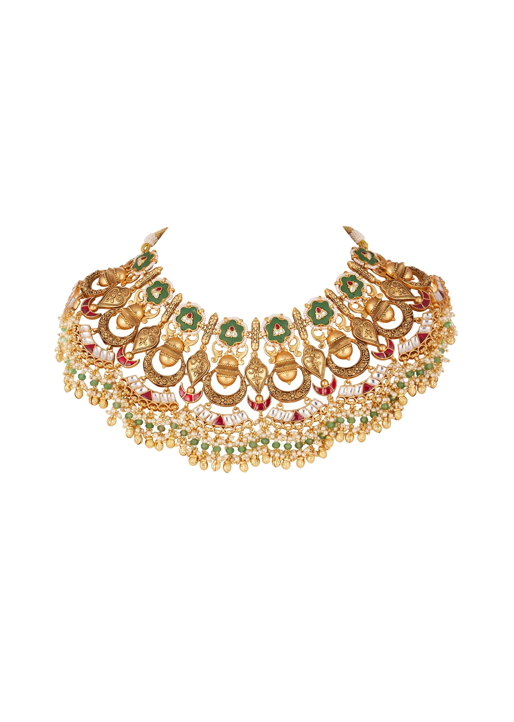 Gold Finish Choker Necklace Set With Kundan Enamel Floral Motifs And Green Red Accents
