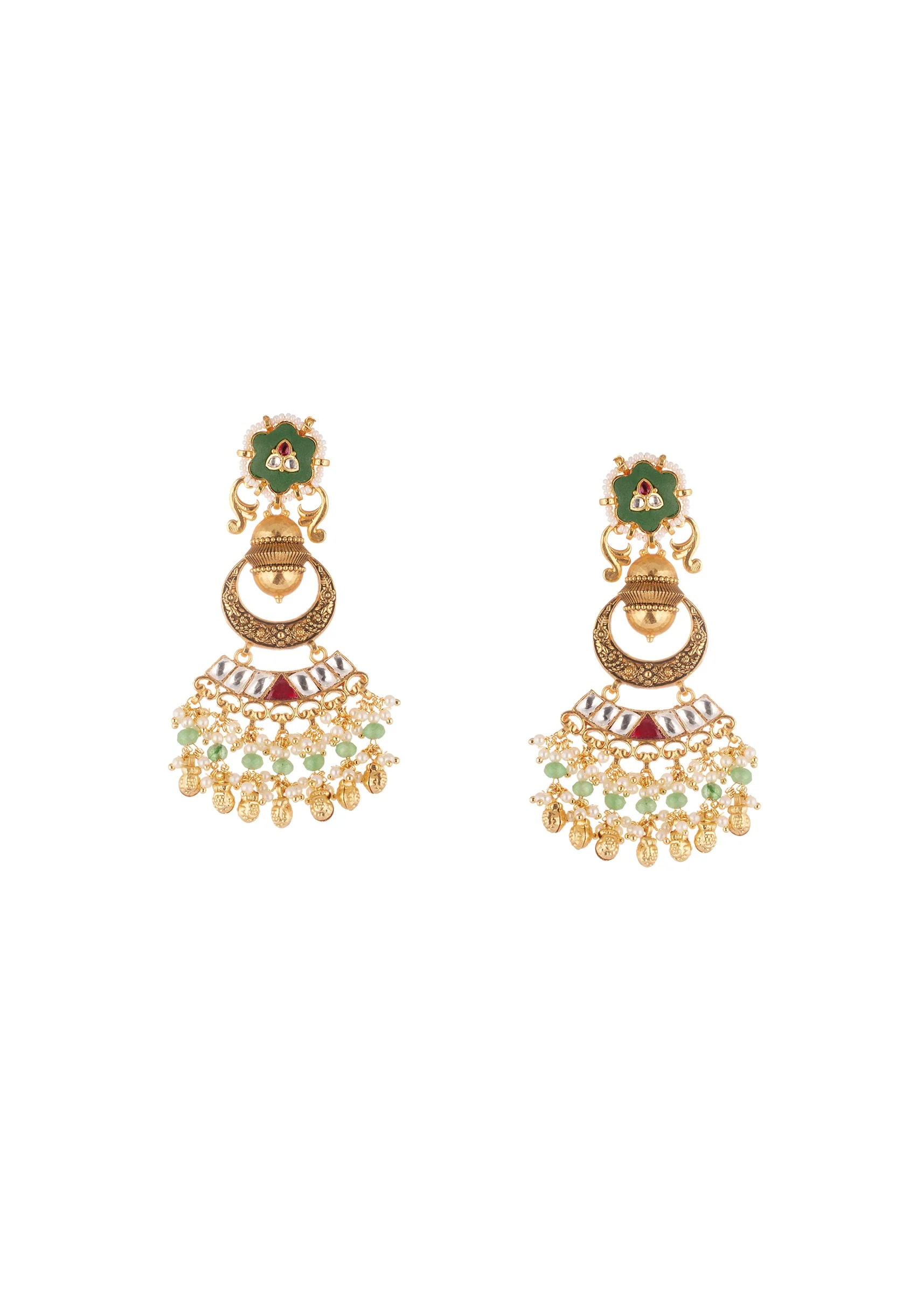 Gold Finish Choker Necklace Set With Kundan Enamel Floral Motifs And Green Red Accents