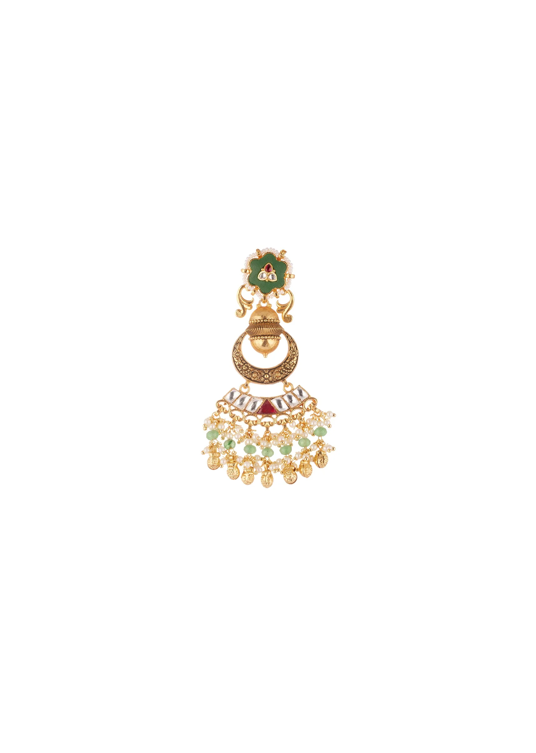 Gold Finish Choker Necklace Set With Kundan Enamel Floral Motifs And Green Red Accents