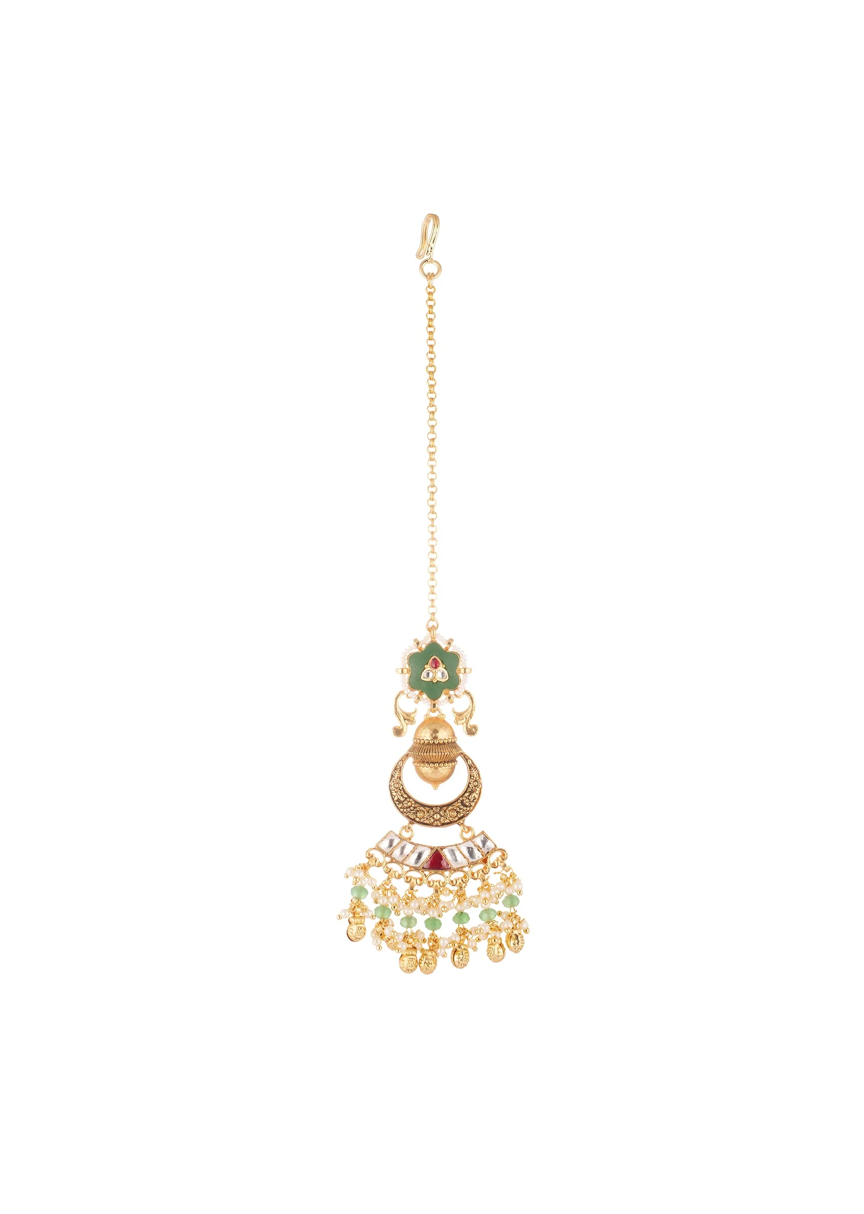 Gold Finish Choker Necklace Set With Kundan Enamel Floral Motifs And Green Red Accents