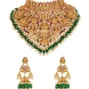 8528-gold-toned-necklace-set-with-traditional-temple-motifs-and-pink-and-green-simulated-stones-1.webp Gold Toned Necklace Set With Traditional Temple Motifs And Pink and Green Simulated Stones