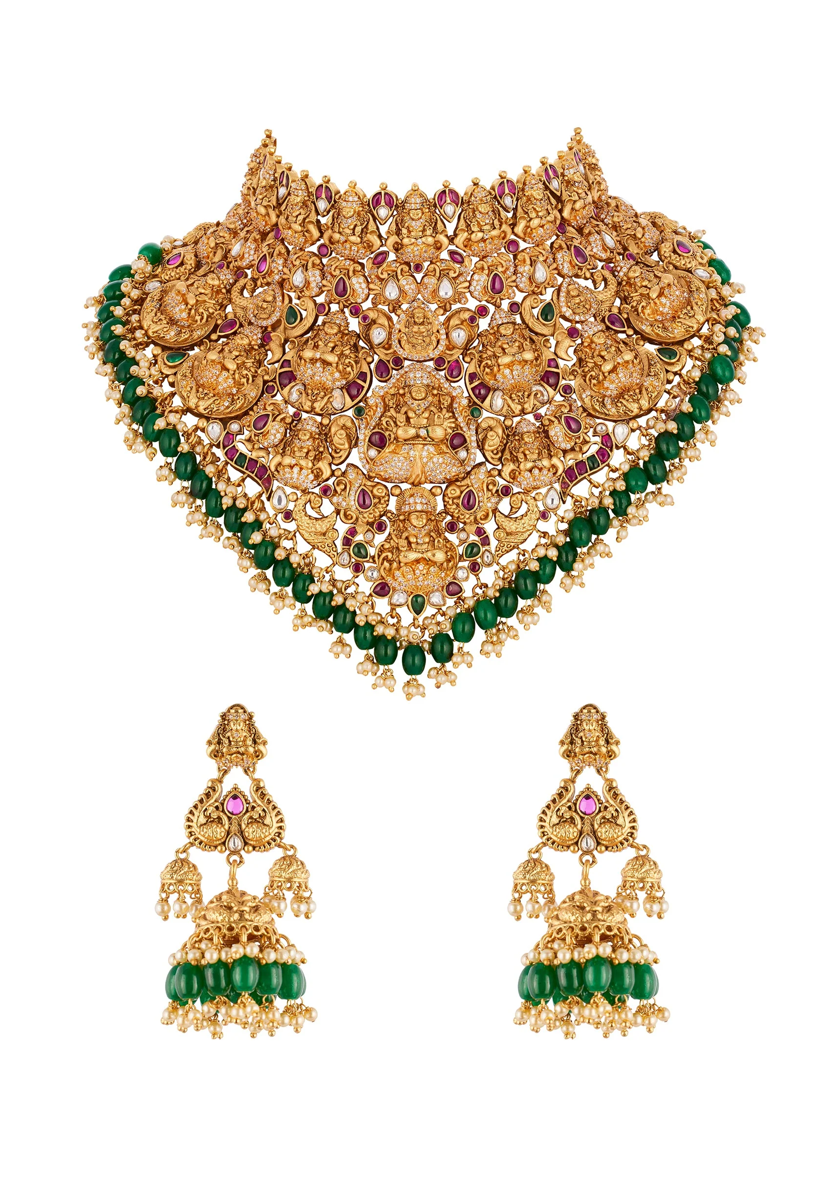 8528-gold-toned-necklace-set-with-traditional-temple-motifs-and-pink-and-green-simulated-stones-1.webp Gold Toned Necklace Set With Traditional Temple Motifs And Pink and Green Simulated Stones