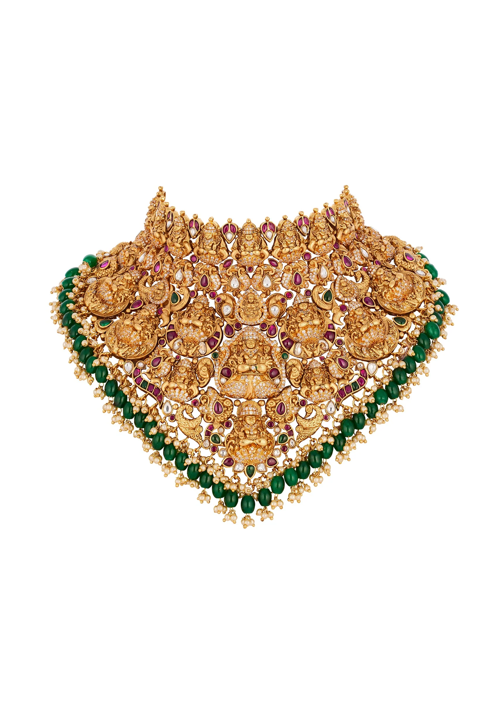 8528-gold-toned-necklace-set-with-traditional-temple-motifs-and-pink-and-green-simulated-stones-2.webp Gold Toned Necklace Set With Traditional Temple Motifs And Pink and Green Simulated Stones
