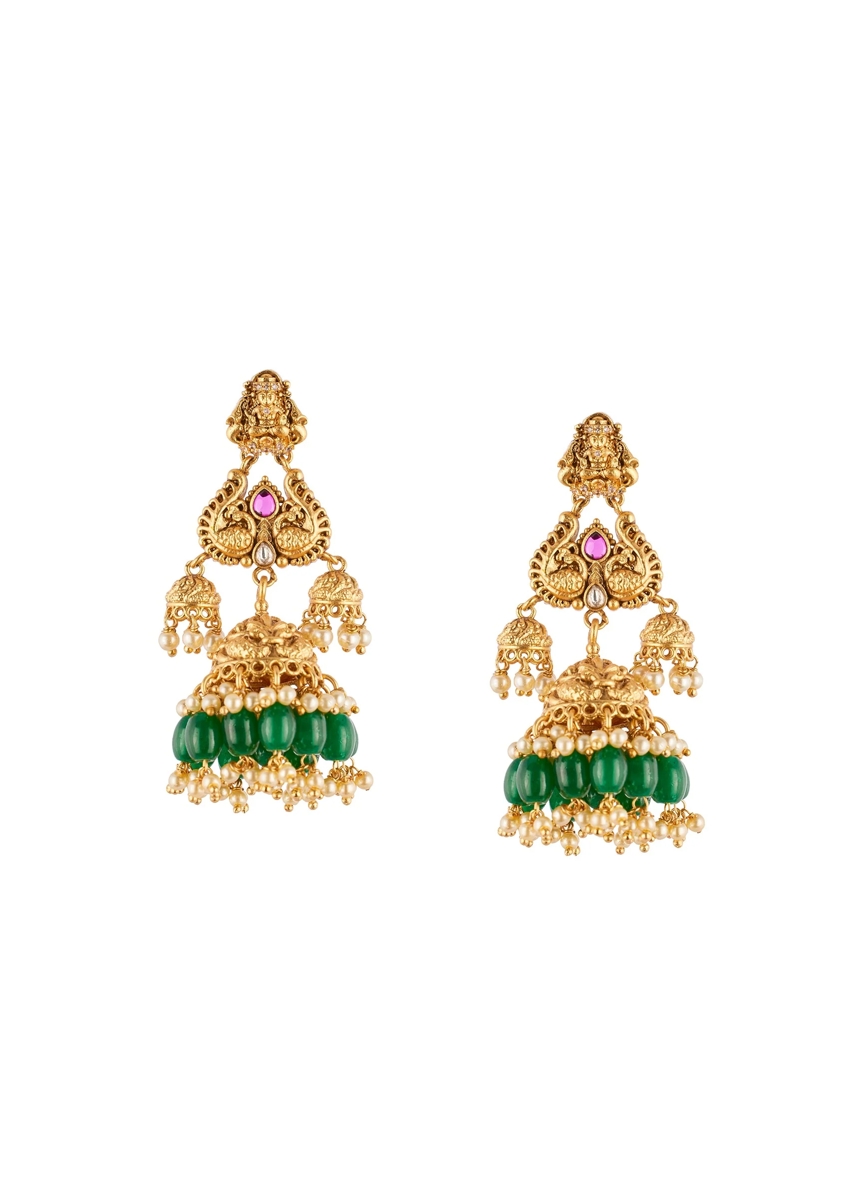 8528-gold-toned-necklace-set-with-traditional-temple-motifs-and-pink-and-green-simulated-stones-3.webp Gold Toned Necklace Set With Traditional Temple Motifs And Pink and Green Simulated Stones