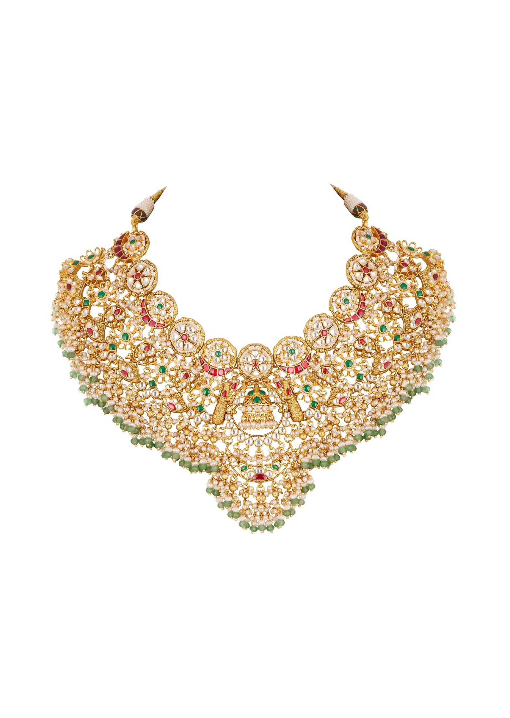 8530-gold-finish-tiered-choker-necklace-set-with-circular-motifs-red-stones-kundan-work-and-layered-beads-2.webp Gold Finish Tiered Choker Necklace Set With Circular Motifs Red Stones Kundan Work And Layered Beads