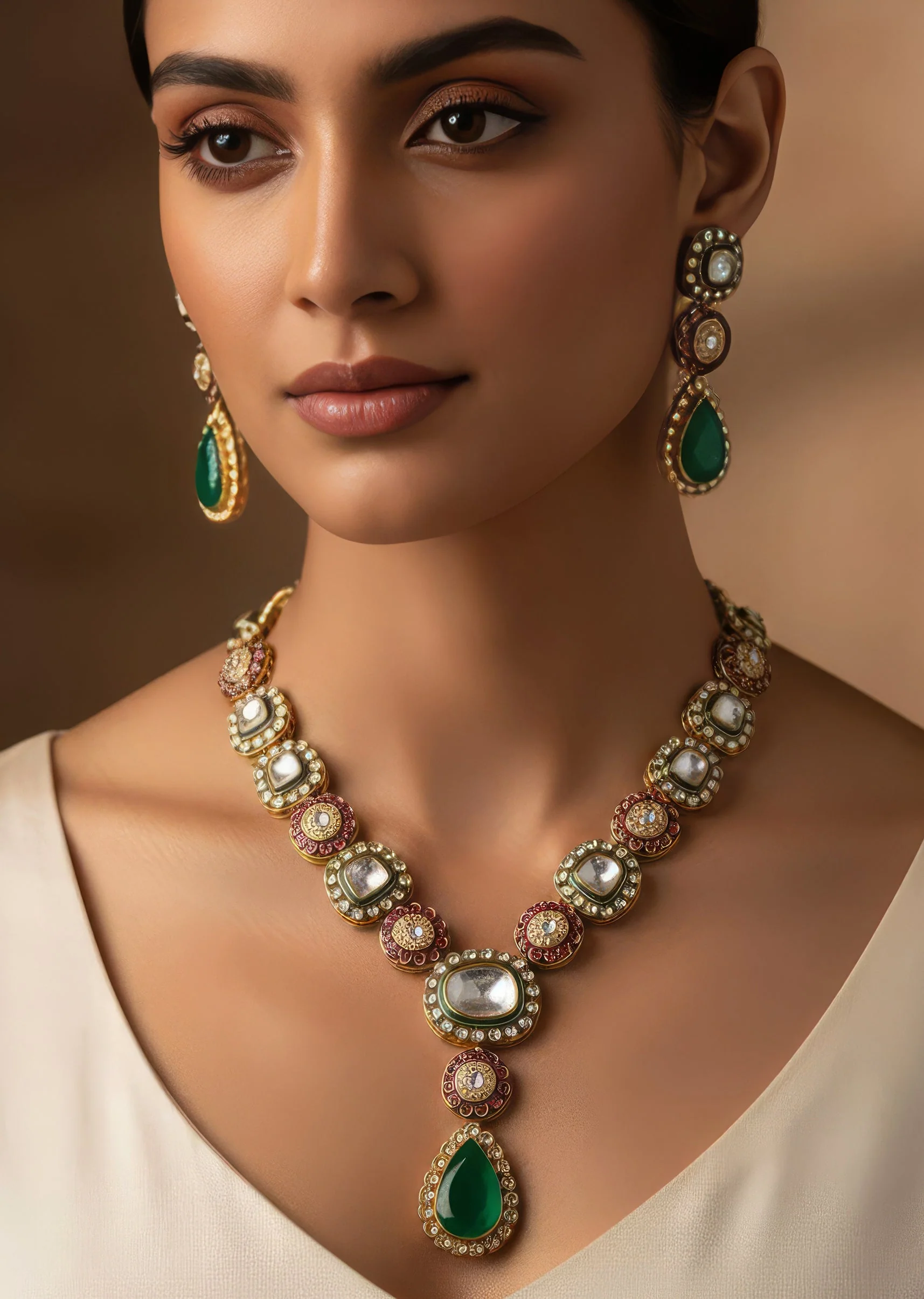8531-gold-finish-kundan-long-necklace-set-with-central-emerald-drop-pendant-and-ruby-pearl-accents-1.webp Gold Finish Kundan Long Necklace Set With Central Emerald Drop Pendant And Ruby Pearl Accents