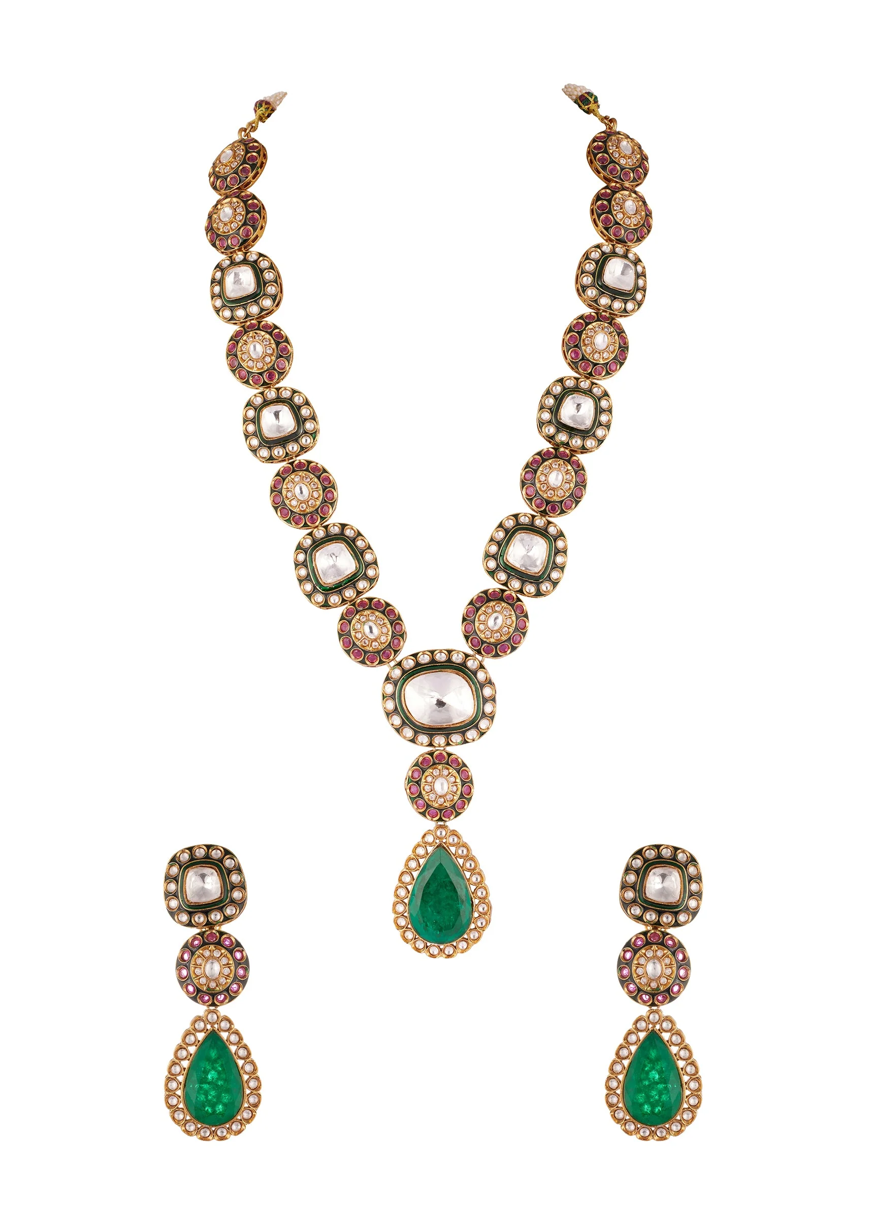 8531-gold-finish-kundan-long-necklace-set-with-central-emerald-drop-pendant-and-ruby-pearl-accents-2.webp Gold Finish Kundan Long Necklace Set With Central Emerald Drop Pendant And Ruby Pearl Accents