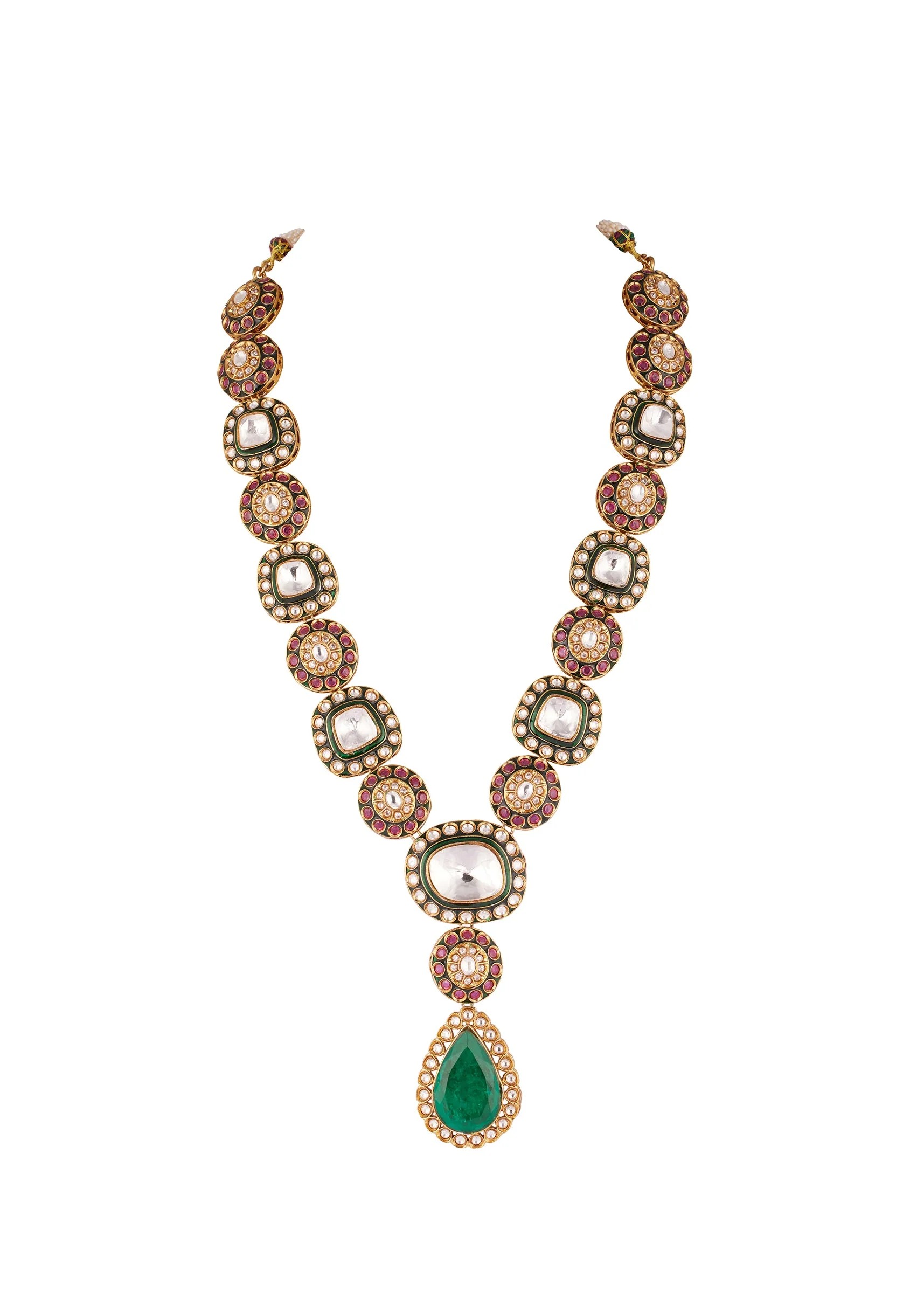 8531-gold-finish-kundan-long-necklace-set-with-central-emerald-drop-pendant-and-ruby-pearl-accents-3.webp Gold Finish Kundan Long Necklace Set With Central Emerald Drop Pendant And Ruby Pearl Accents