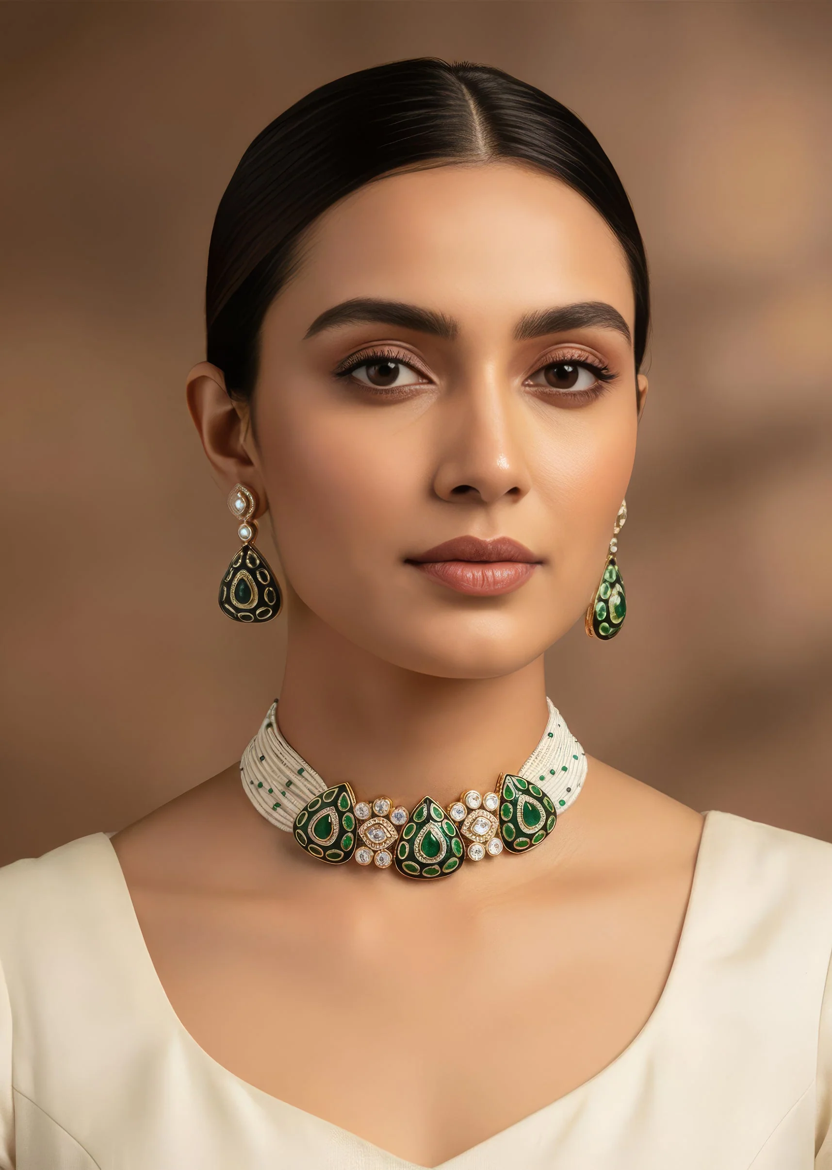 Emerald Stone Choker Set With Earrings