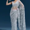 Ice Blue Heavy Embroidered Net Saree With Cutwork Border And All Over Floral Jaal
