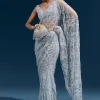 Ice Blue Heavy Embroidered Net Saree With Cutwork Border And All Over Floral Jaal