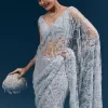 Ice Blue Heavy Embroidered Net Saree With Cutwork Border And All Over Floral Jaal