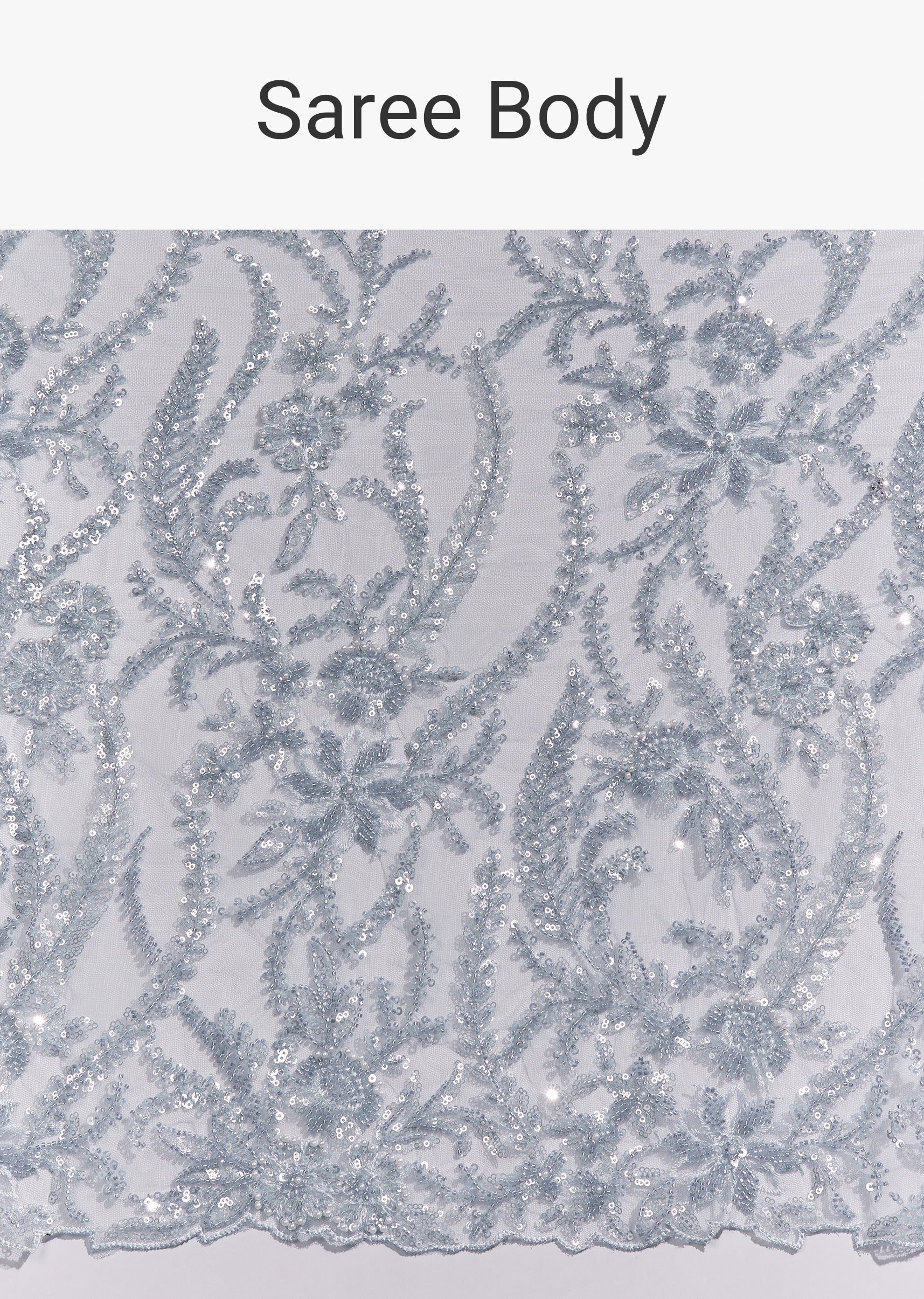 Ice Blue Heavy Embroidered Net Saree With Cutwork Border And All Over Floral Jaal