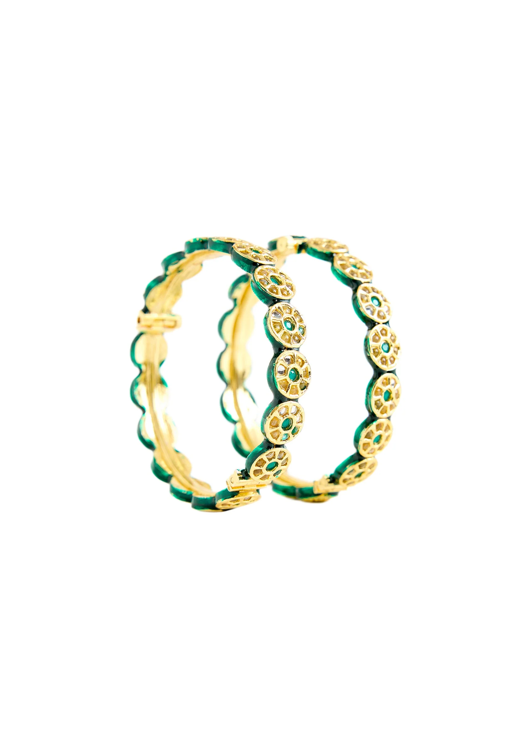 Gold Toned Green Stone And Pearl Embellished Bangles