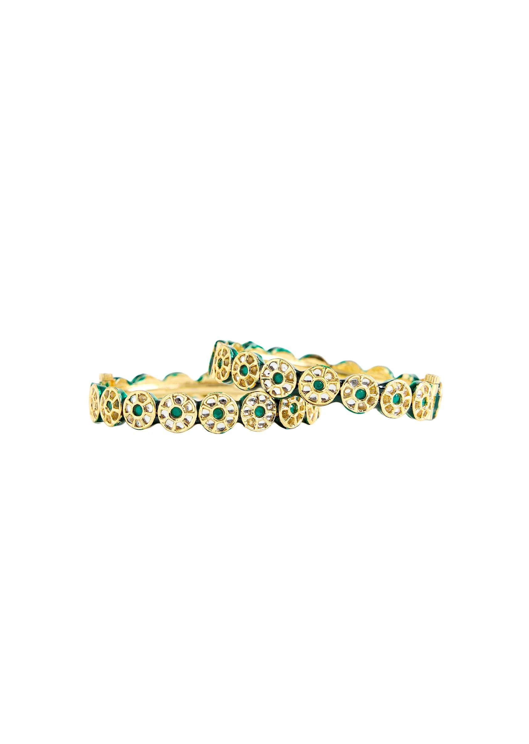 Gold Toned Green Stone And Pearl Embellished Bangles