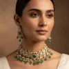 Gold Tone Choker Necklace And Earring Set With Green Bead Detailing