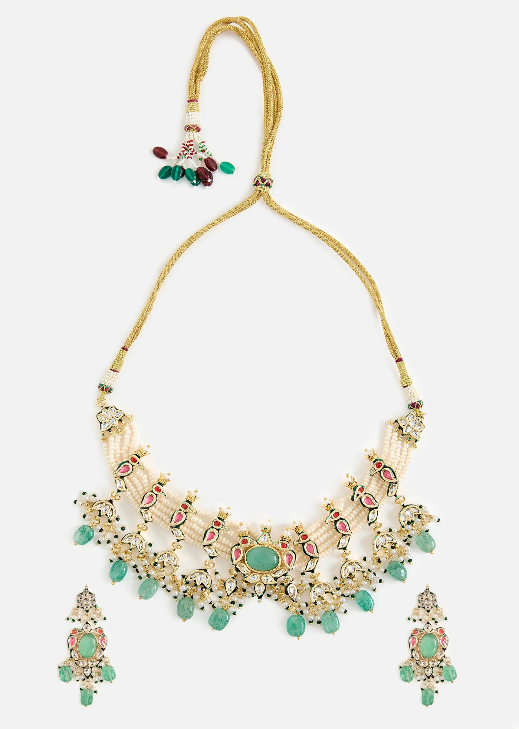 Gold Tone Choker Necklace And Earring Set With Green Bead Detailing