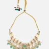 Gold Tone Choker Necklace And Earring Set With Green Bead Detailing