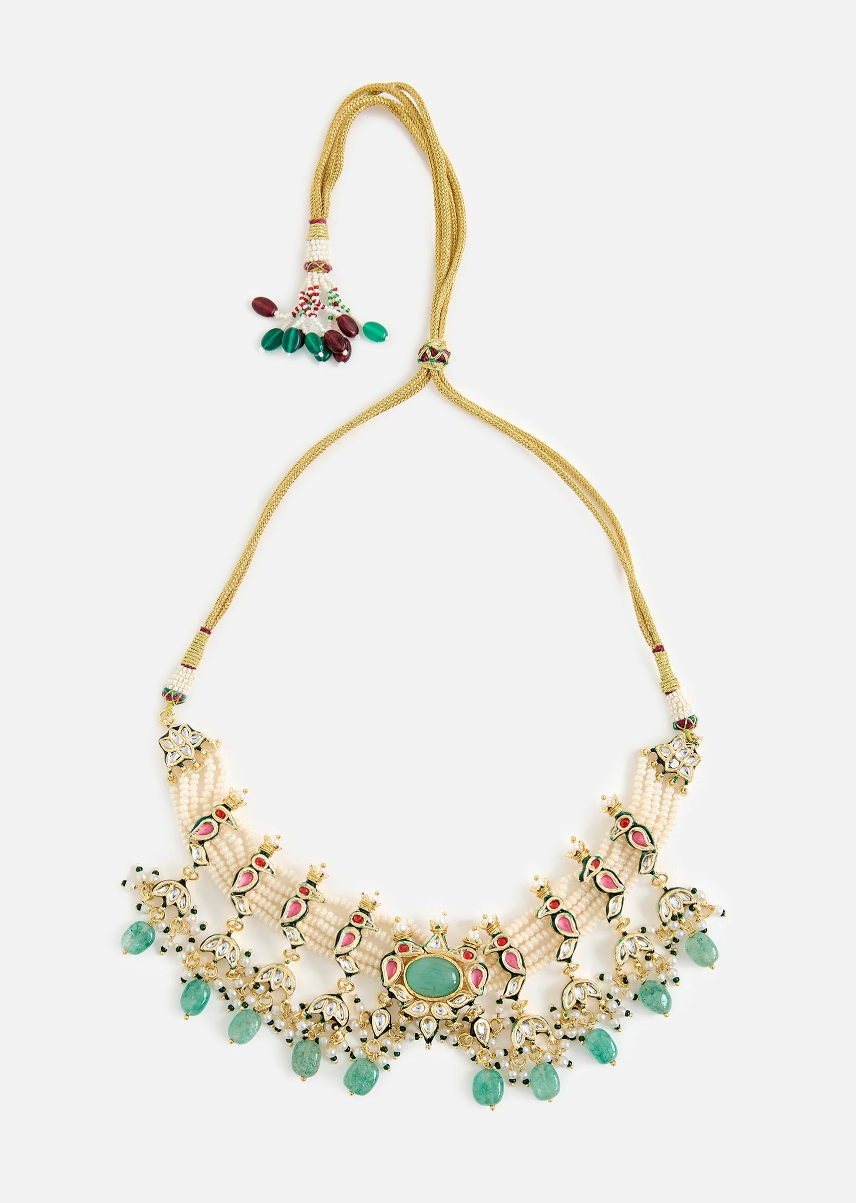 Gold Tone Choker Necklace And Earring Set With Green Bead Detailing