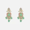 Gold Tone Choker Necklace And Earring Set With Green Bead Detailing
