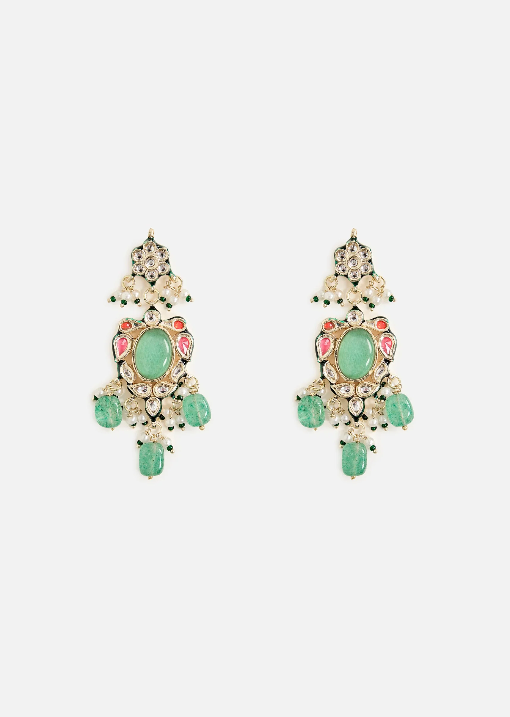 Gold Tone Choker Necklace And Earring Set With Green Bead Detailing
