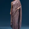 Purple Net Sequin Saree With Linear All Over Work And Hand Embroidered Floral Border