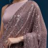 Purple Net Sequin Saree With Linear All Over Work And Hand Embroidered Floral Border