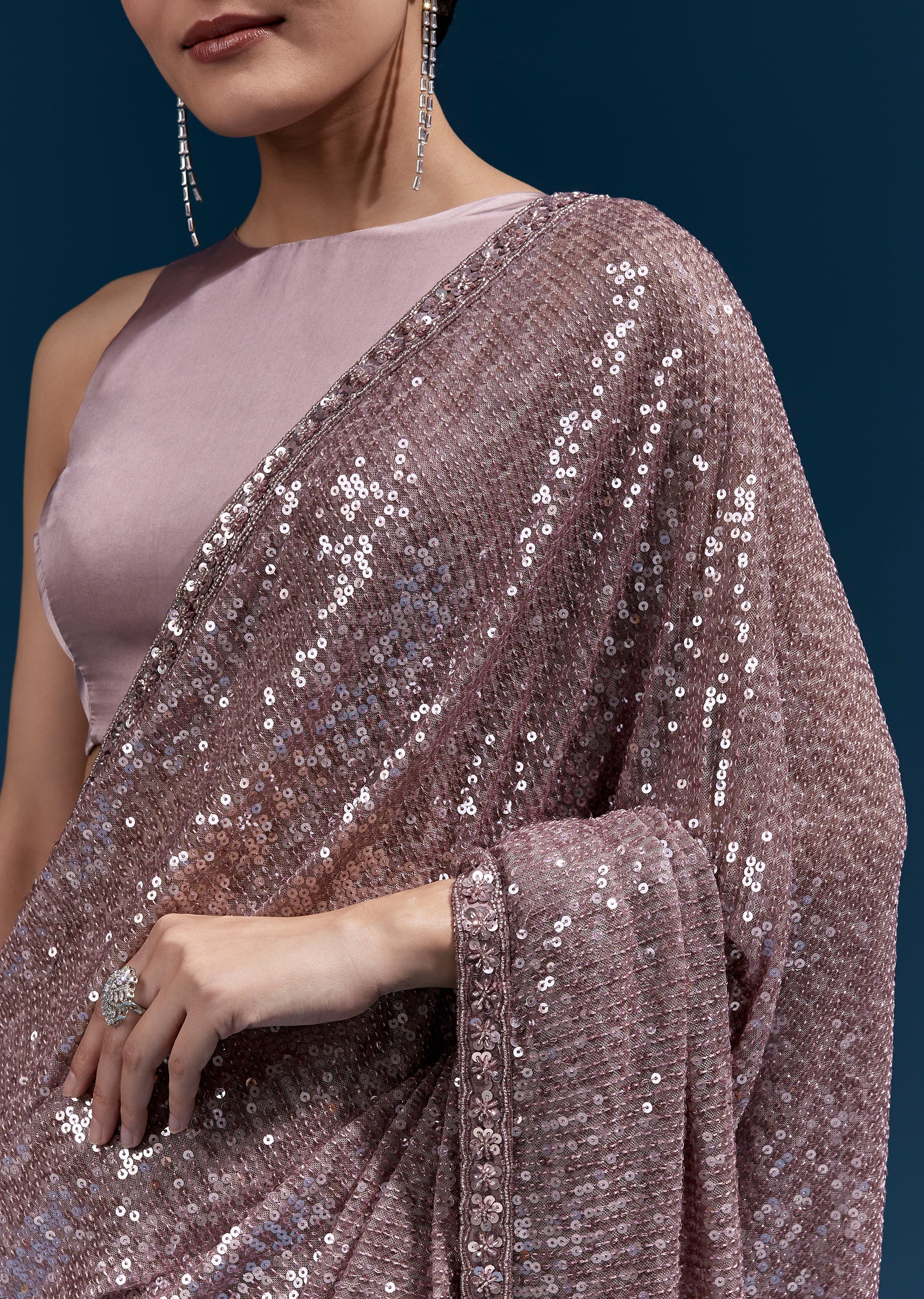 Purple Net Sequin Saree With Linear All Over Work And Hand Embroidered Floral Border