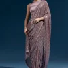 Purple Net Sequin Saree With Linear All Over Work And Hand Embroidered Floral Border